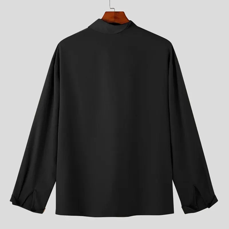 Black men's long-sleeve shirt on a hanger with a loose fit