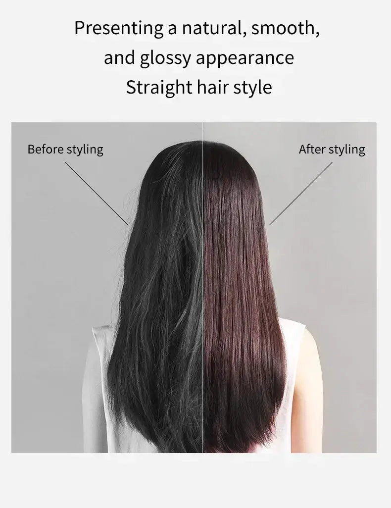 Hair straightener HT01 before and after styling with glossy burgundy straight hair