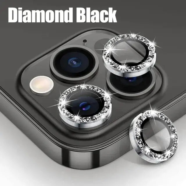 3-pack metal lens protector glass for iPhone back cameras, diamond black ring-style protectors with crystal rims.