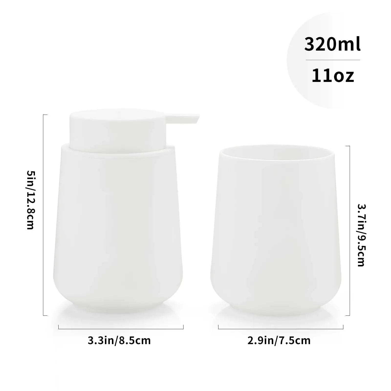 Bathroom accessory set, 2-piece soap dispenser and cup in white ceramic.