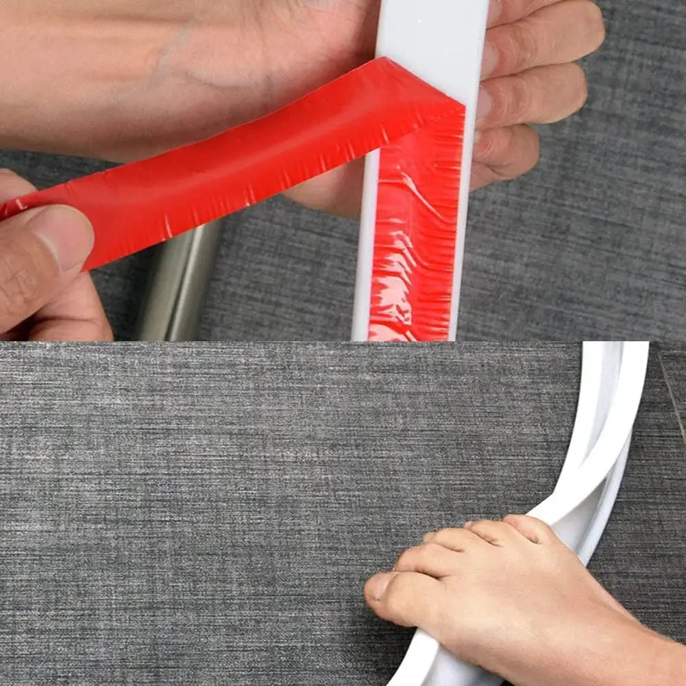 Bathroom silicone bendable water barrier strip; white flexible seal with red protective film, Simples Market.