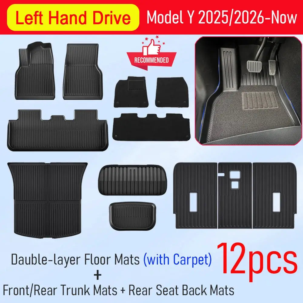 Simples Market 12pc black TPE all-weather car floor mats with carpet and trunk mats for Tesla Model Y 2025-2026 LHD