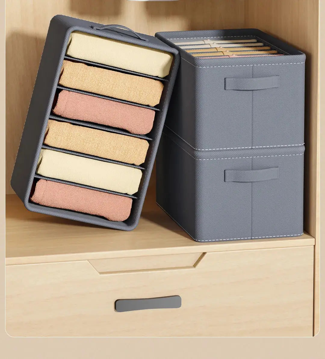 Thickened foldable pants storage box with 9/7/6-grid organizer; gray fabric, two units, open tray shows folded clothes.