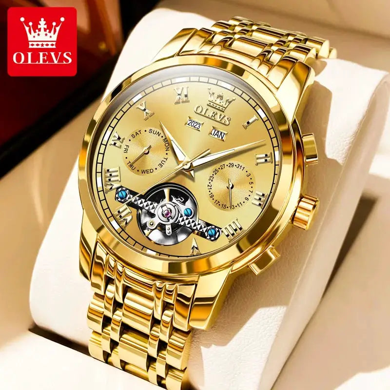 OLEVS gold-tone stainless steel skeleton watch with flywheel design and dual calendar display, high-polish finish