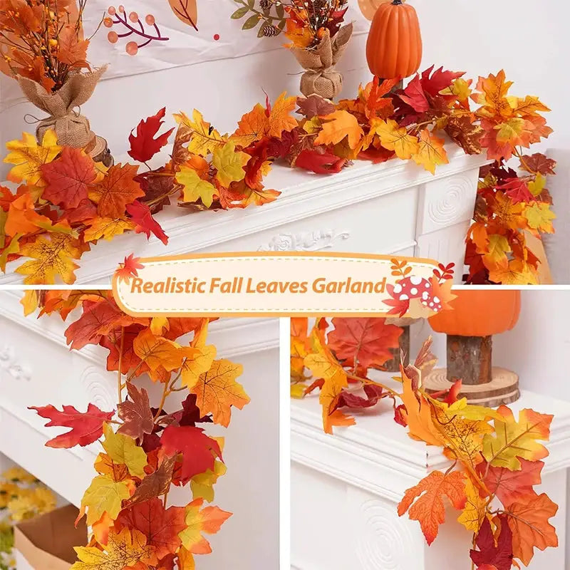 200cm autumn artificial maple leaf wreath with orange, yellow and red leaves and pumpkins on a white mantel