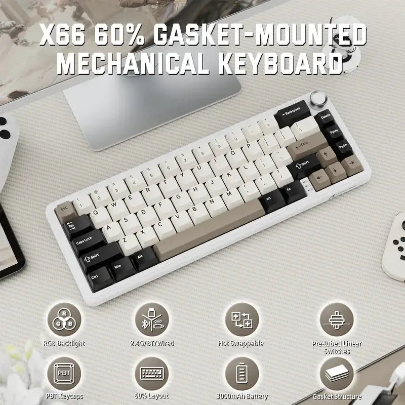 Attack Shark X66 wireless mechanical keyboard with white body and side-printed PBT keycaps, 60% gasket-mounted