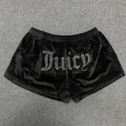 Women's black velvet shorts with sparkly rhinestone lettering