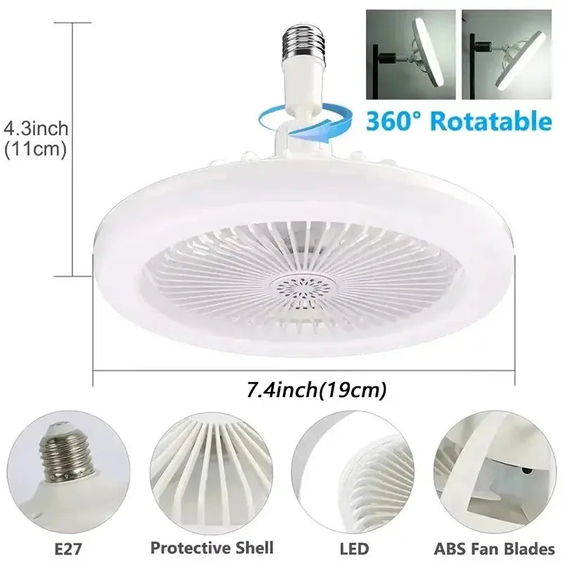 2-in-1 ceiling fan lamp by Simples Market, white LED with E27 base and 360° rotatable