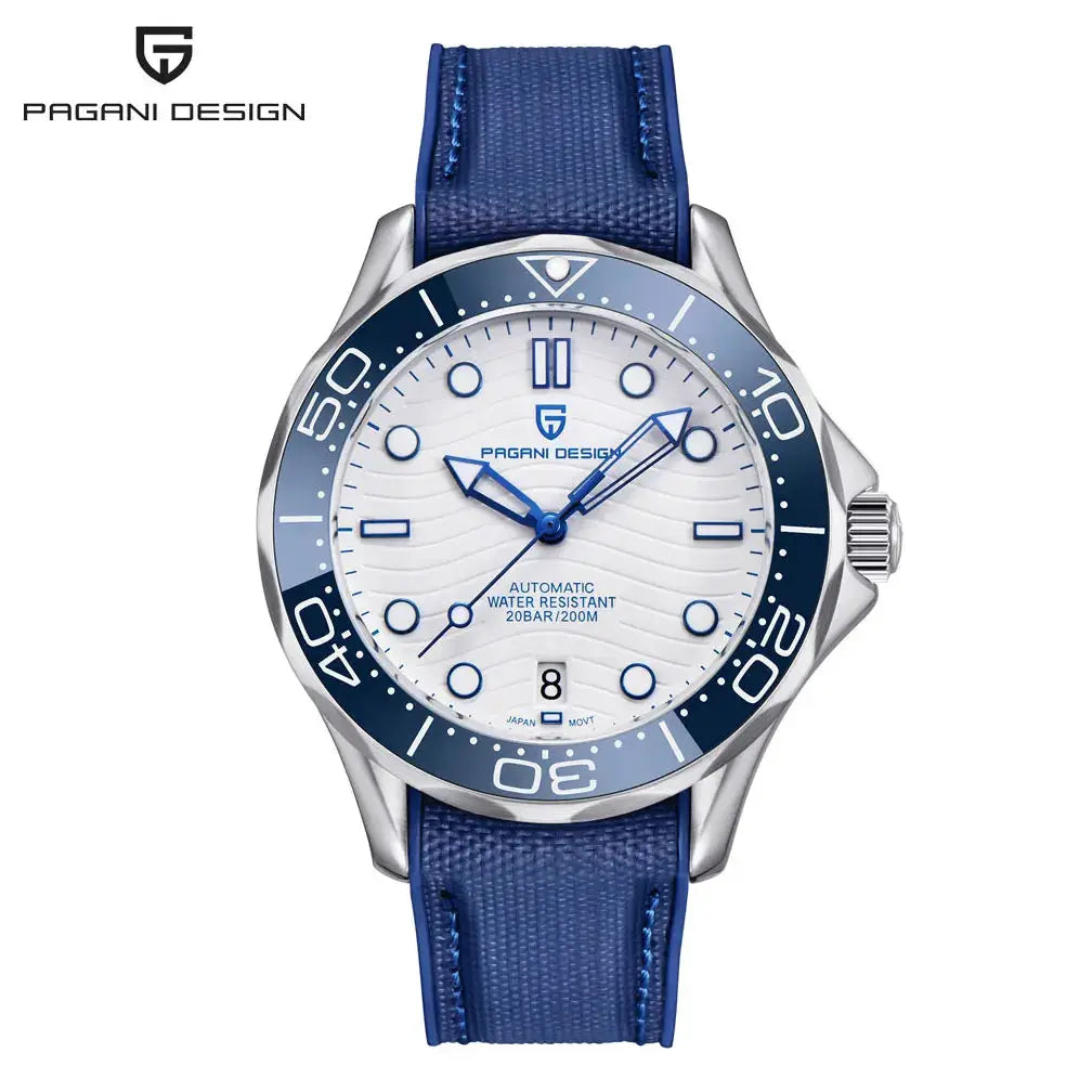 PAGANI DESIGN automatic men's wristwatch with sapphire crystal, white dial, blue bezel and blue strap