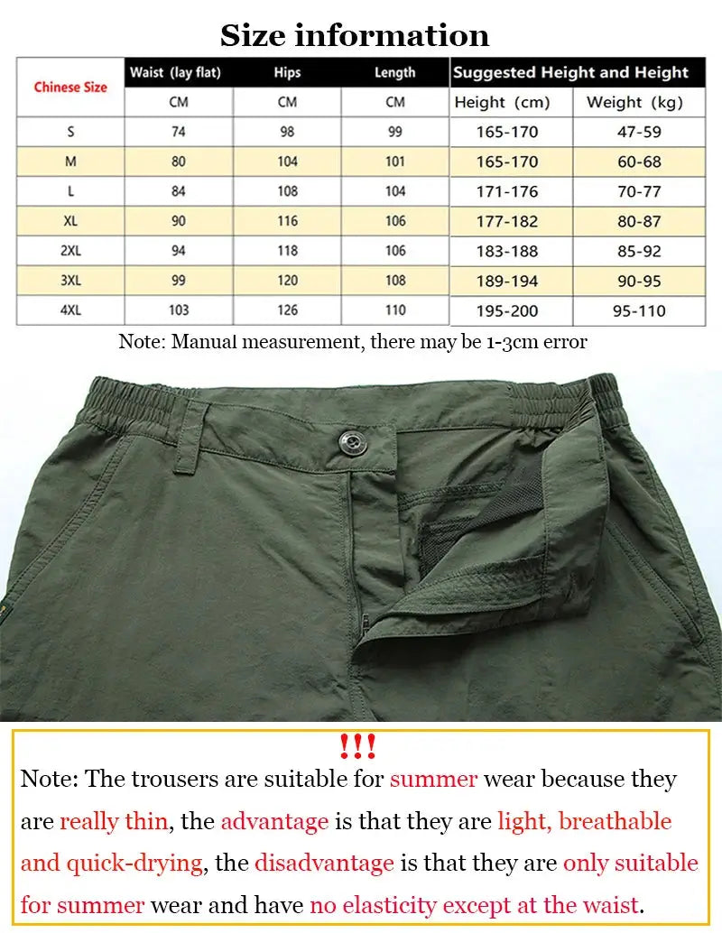 Summer Men's Quick Drying Outdoor Cargo Pants in green with multiple pockets and zip fly