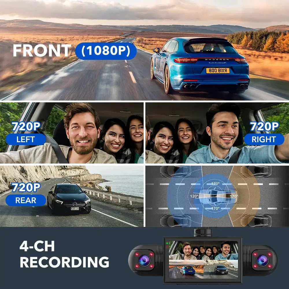 Car dash cam 4-channel system with 1080p front and 720p left/right/rear, night vision