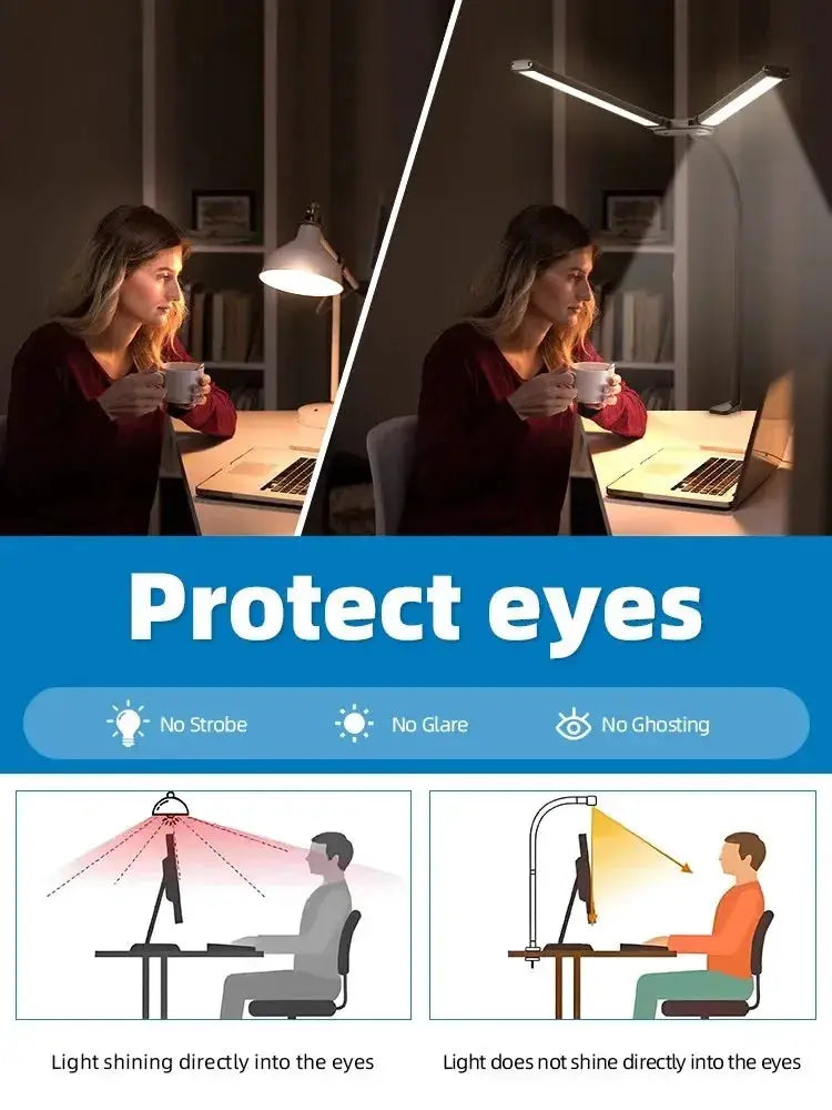 LED desk lamp by Simples Market, adjustable gooseneck, double/single head, stepless dimmable eye-care light.