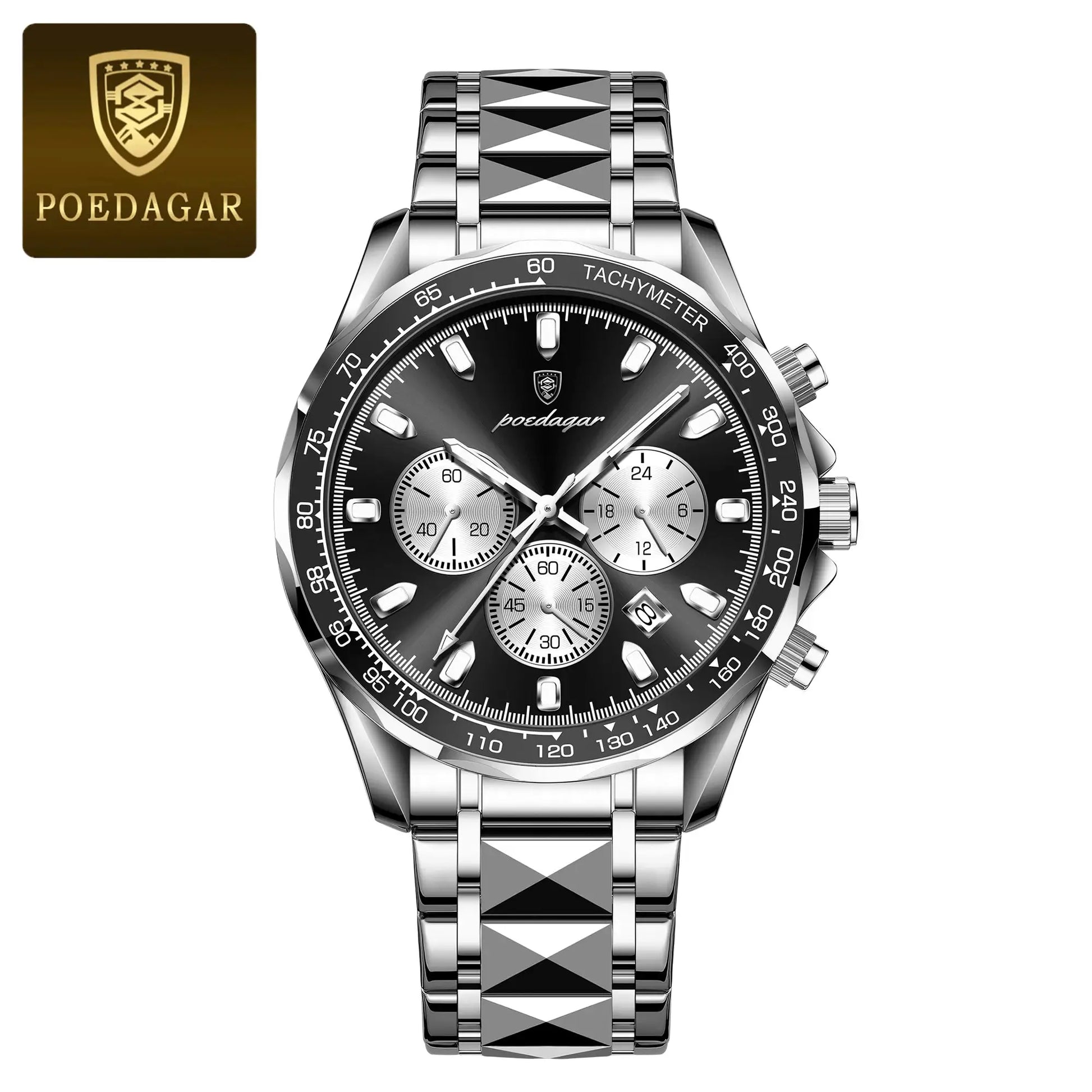 POEDAGAR luxury men's stainless steel watch with chronograph and tachymeter bezel