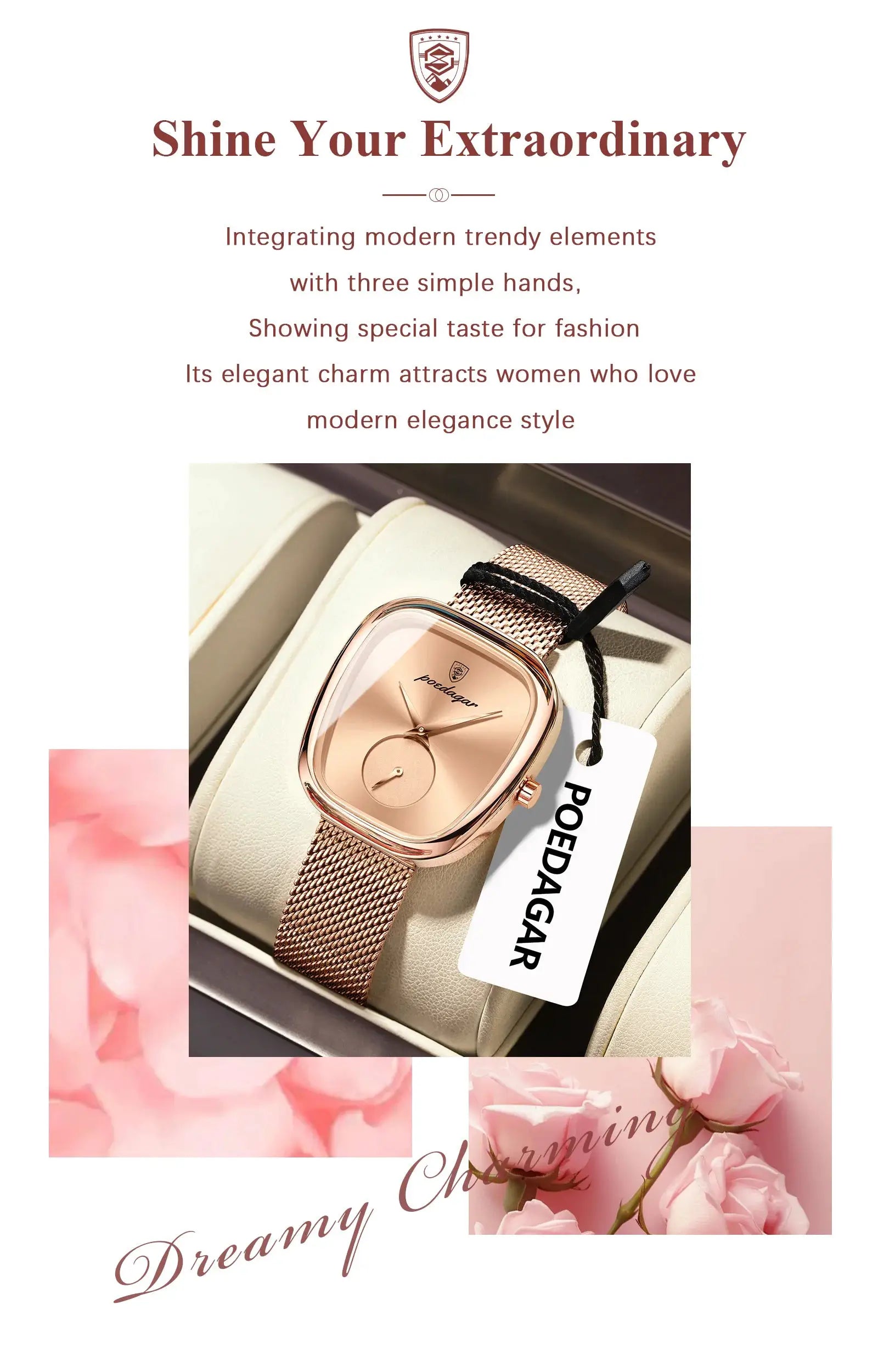 Watch POEDAGAR rose-gold stainless steel mesh for women
