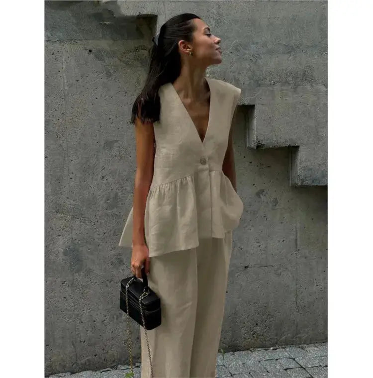 Women Sleeveless V Neck Top Two Piece Summer Set With Straight Pants