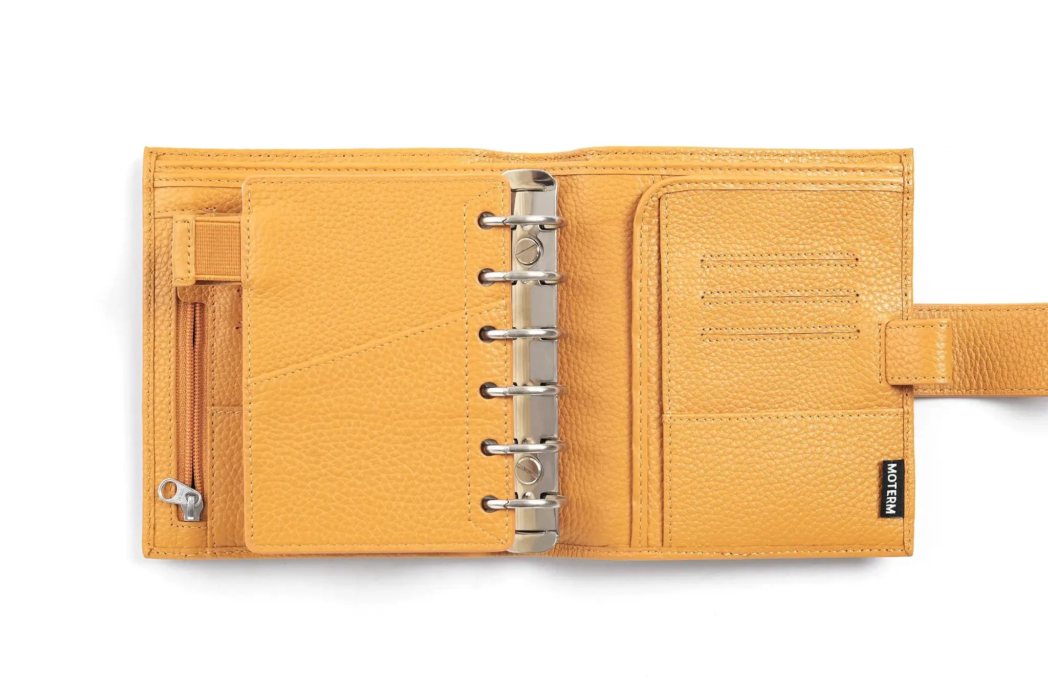 Moterm Luxe 2.0 pocket planner in tan pebbled leather with 30mm ring binder, card slots and zip pocket
