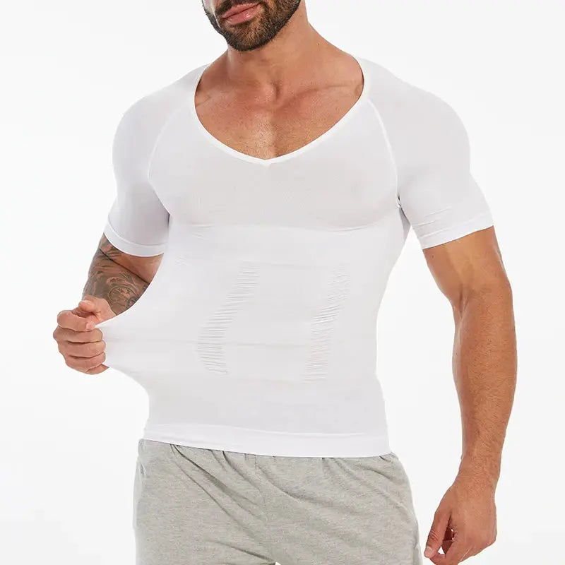 Simples Market Mens slimming compression shirt, white V-neck undershirt with abdomen-control panels.