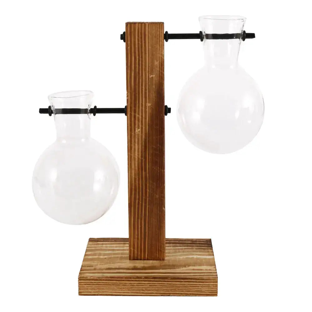 Glass bulb vase pair on a wooden desktop stand for home decor