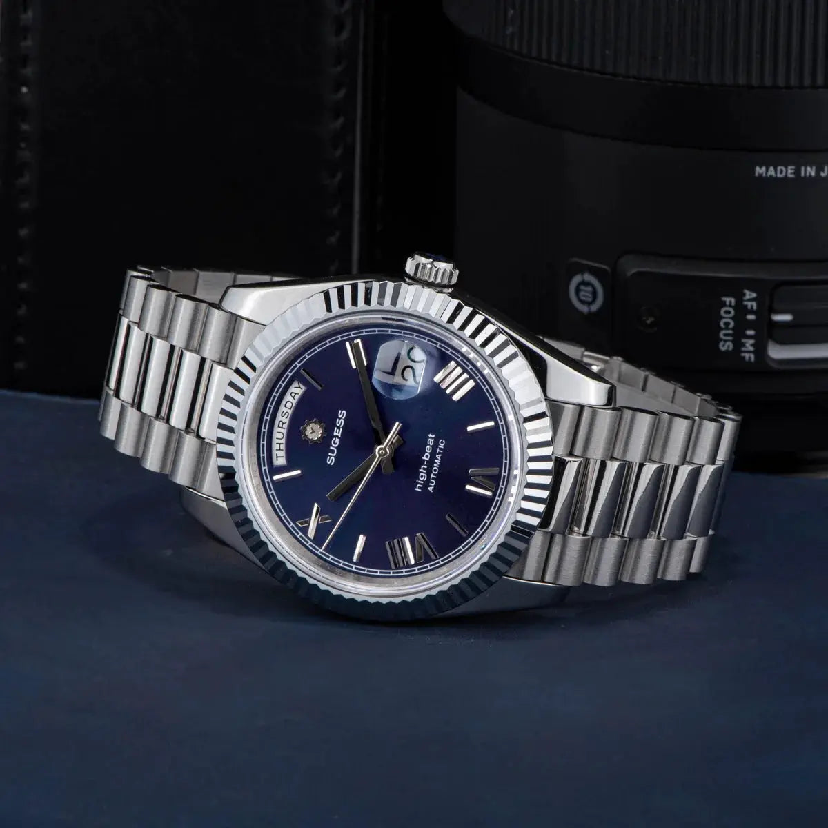 Sugess men's stainless steel wristwatch with blue dial, day/date window, 40mm, automatic, sapphire glass