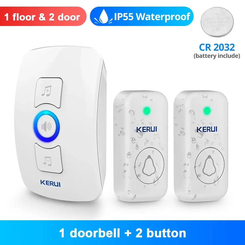KERUI wireless doorbell set with 1 doorbell transmitter and 2 white IP55 waterproof chime receivers