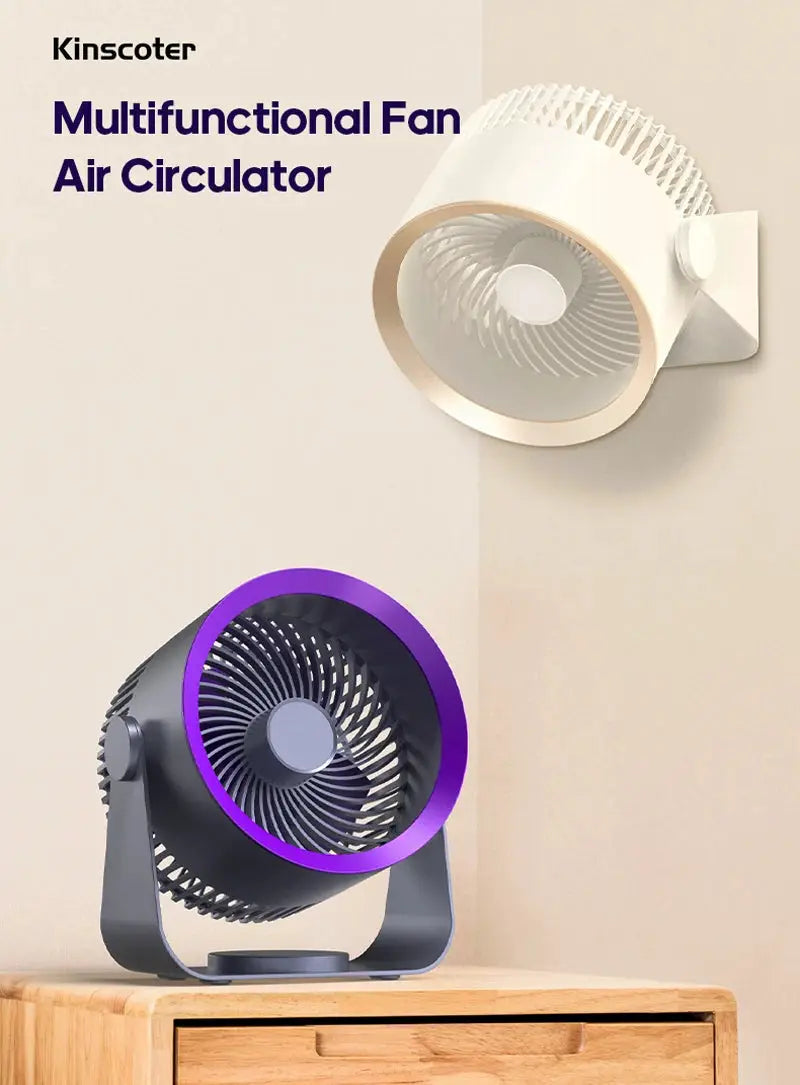 Kinscoter multifunctional electric fan circulator; two fans, black desktop with purple rim and white wall-mounted unit.