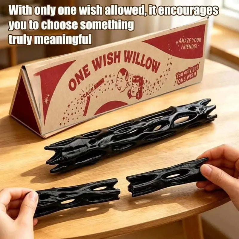Wish Willow snap stick with box, 3D-printed black plastic lucky charm by Simples Market