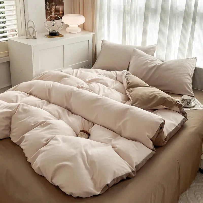4-piece duvet cover bedding set by Simples Market, beige solid brush fabric, reversible with pillowcases