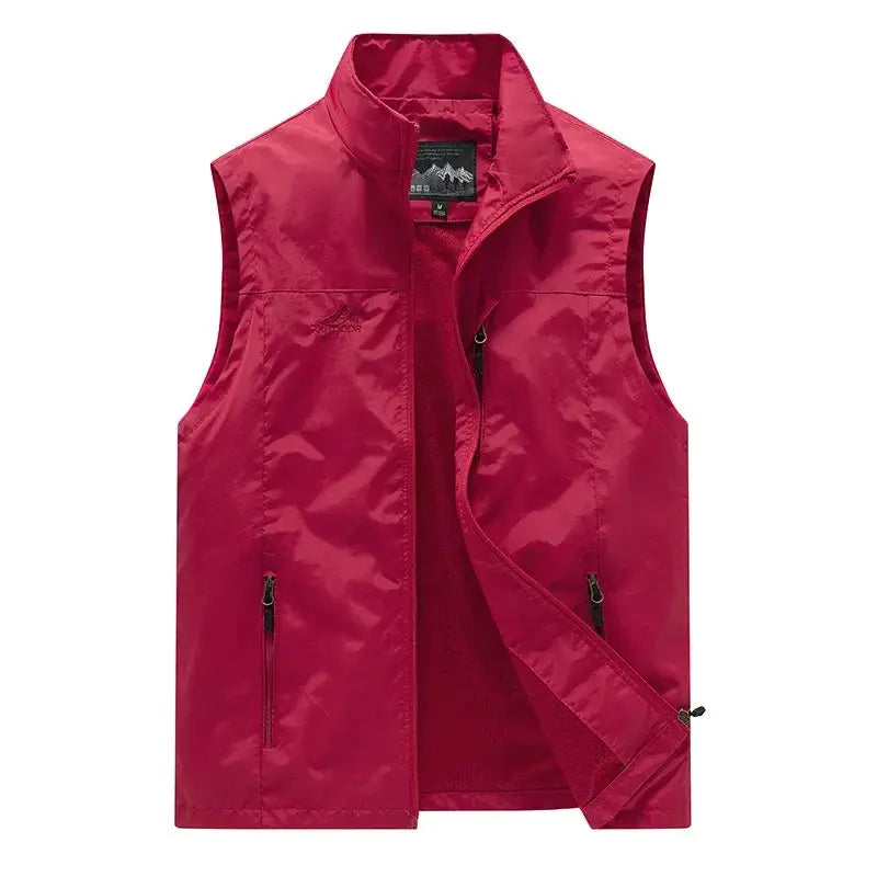 Pink men's waistcoat vest with zippered pockets, lightweight outdoor outerwear.
