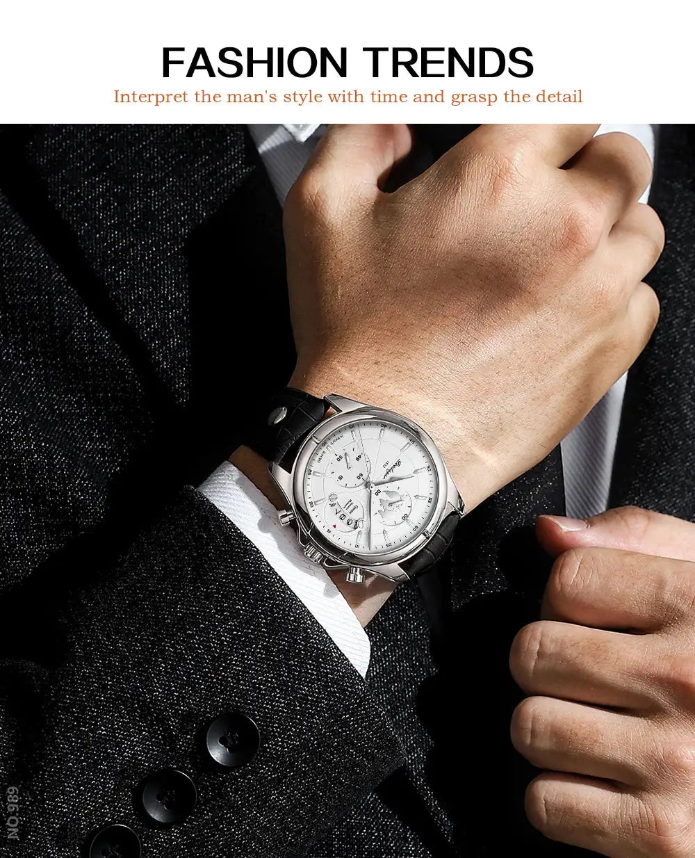 POEDAGAR luxury men's wristwatch with black leather strap, silver case and white chronograph dial