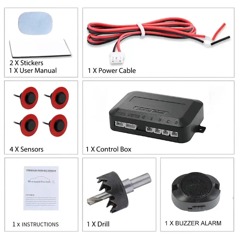 Simples Market 12V 16.5mm parking sensor kit with 4 red sensors, control box, power cable, drill bit and buzzer