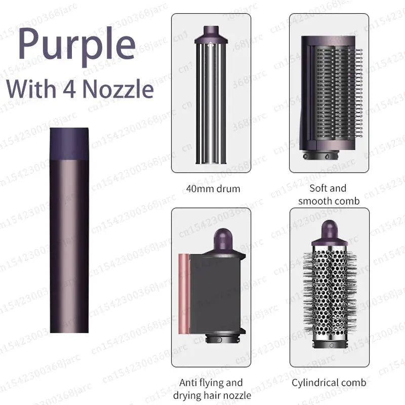 SenCiciMen X9 multi hair styler in purple with four nozzle heads: 40mm drum, soft comb, anti-fly nozzle, cylindrical comb