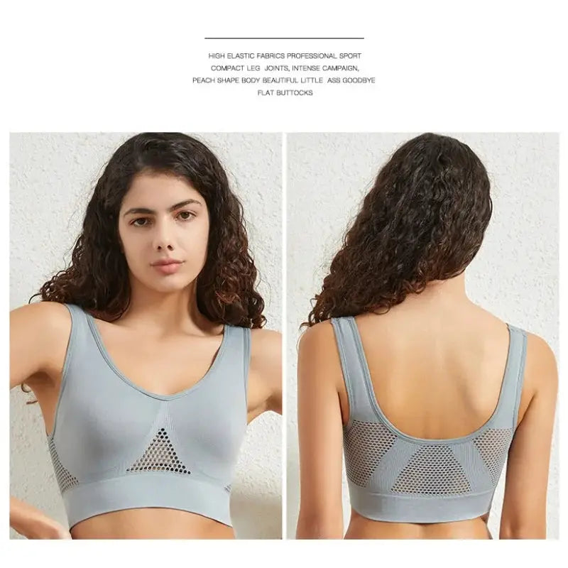 Simples Market women's plus-size breathable mesh sports bra, seamless ribbed crop top in gray, front/back views (2).