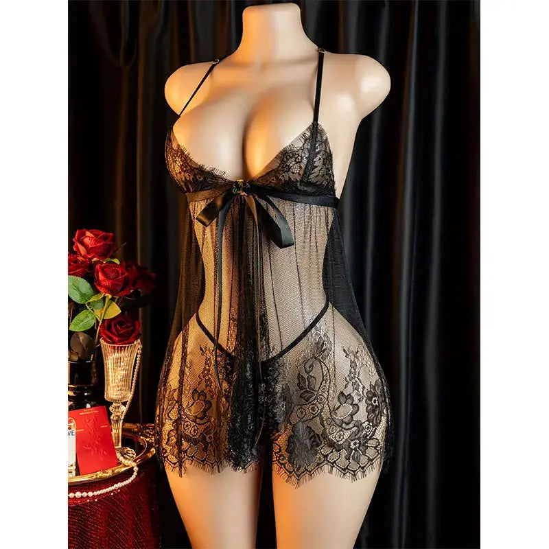 LaceLuxe Suspender Lingerie Set Front Open Lace Up Dress For Plus Size Women With Confidence