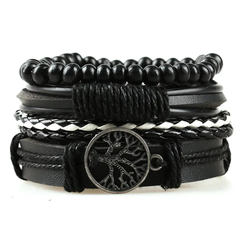 Tree Of Life Four Piece Leather Bracelet Set For Men With Alloy Accents And Wooden Beads Handwoven