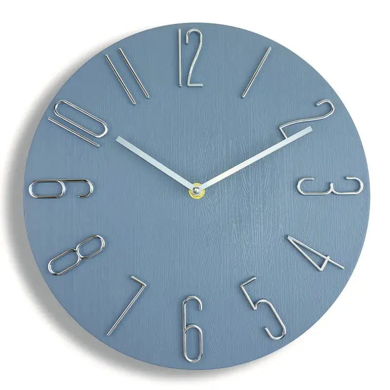 Blue 30cm wall clock with minimalist metal wire numerals and silver hour/minute hands; no second hand