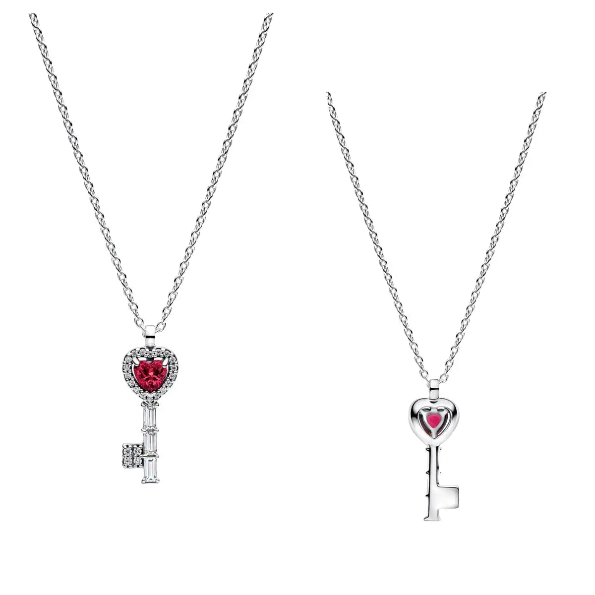 Silver key pendant necklaces, set of 2; left red heart gem with halo; right heart-shaped key with pink center.