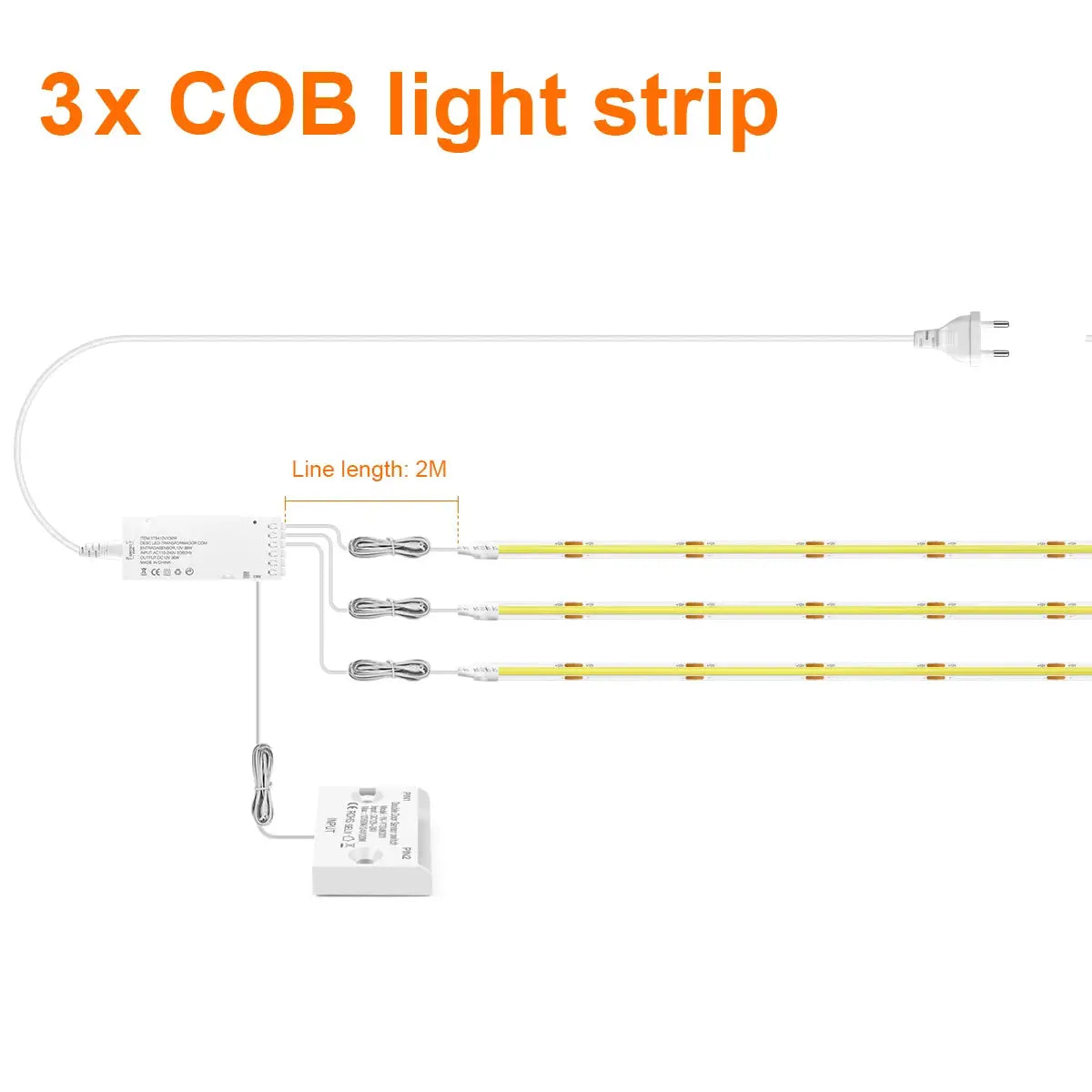 3x COB LED light strips connected to a controller with white power adapter; 2m line length