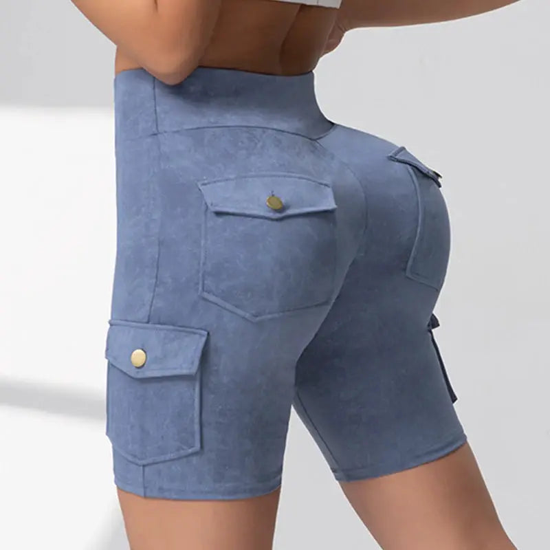 Women's washed-blue cargo-pocket leggings with butt-lifting fit, elastic athletic tights