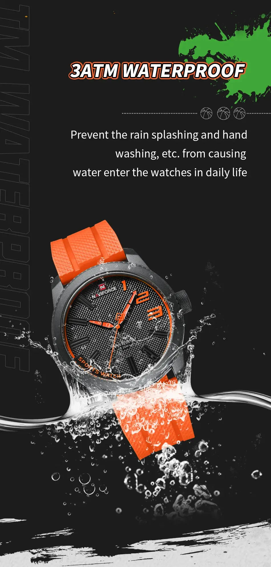 NAVIFORCE men's quartz watch with orange silicone strap, black textured dial and orange numerals, 30 ATM waterproof