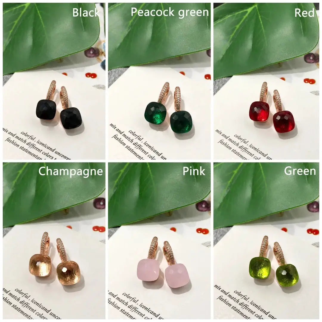 Drop earrings with 10mm crystal candy stones on gold-tone posts, 6 color options.