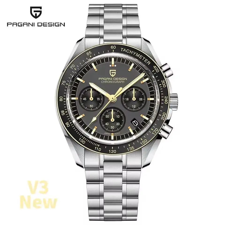 Pagani Design chronograph watch with stainless steel bracelet, black dial, gold-tone hands, 3 subdials, tachymeter bezel.