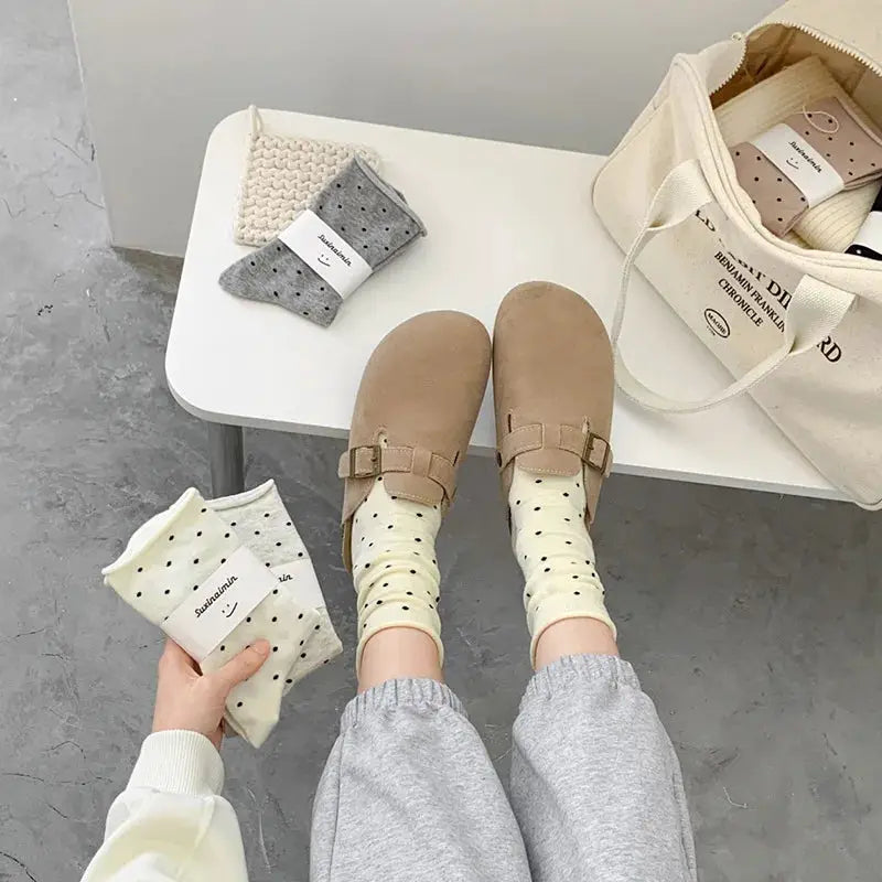 Vintage Cream Curled Edge Polka Dot Mid Tube Socks for Women Spring Summer Artistic Socks