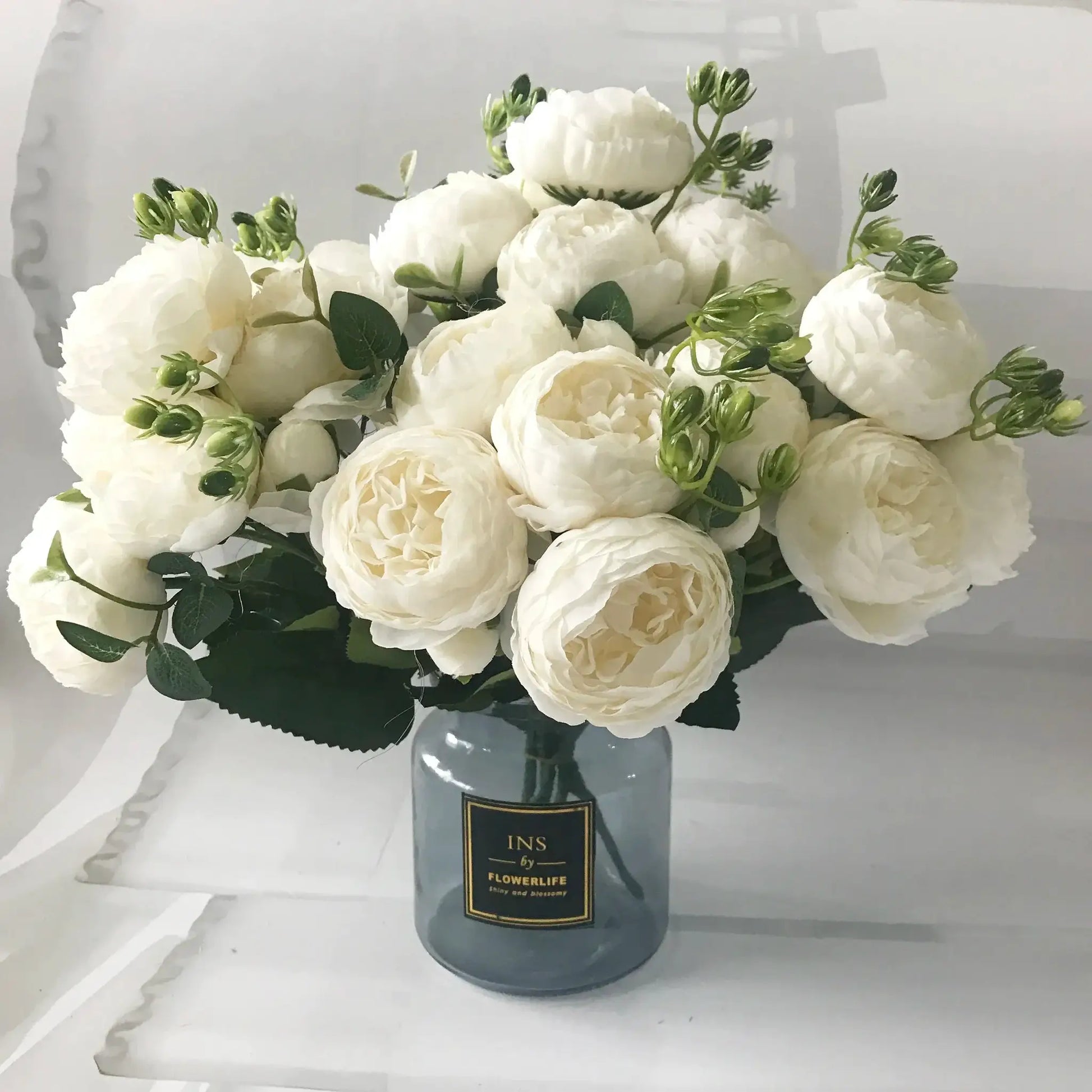Simples Market white silk peony bouquet, 30cm artificial peonies with large heads and green buds in vase