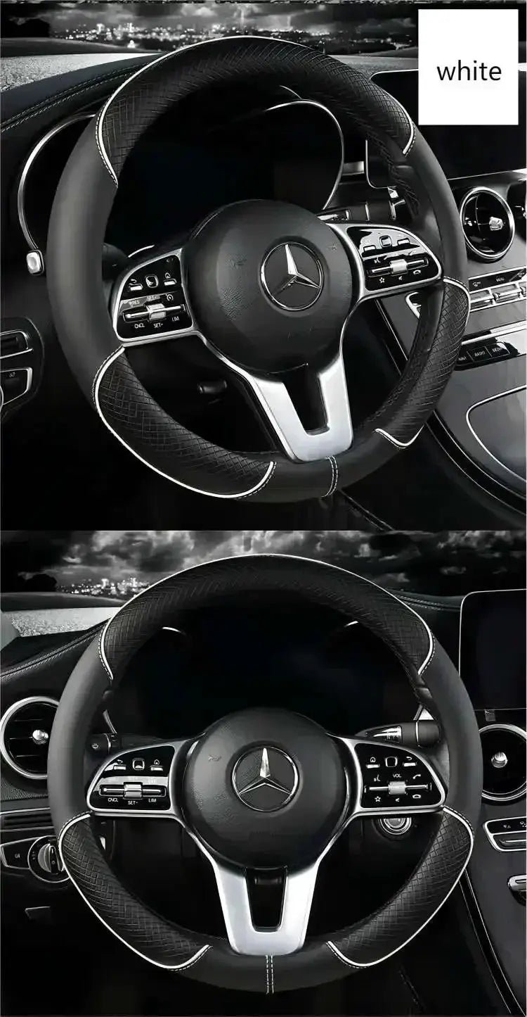 Steering wheel cover in black microfiber leather with white stitching, 38cm, Mercedes-Benz wheel, Simples Market
