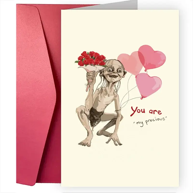 Valentine's Day greeting card with envelope showing a dachshund holding a bouquet of roses and pink heart balloons