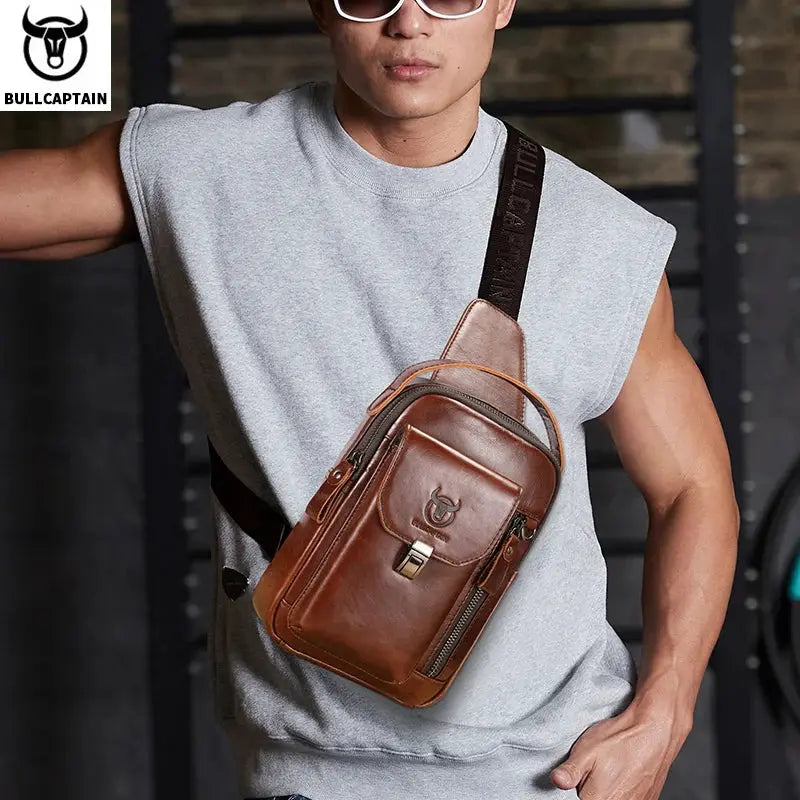 BULLCAPTAIN men's genuine leather chest bag in brown, crossbody phone bag with anti-theft design