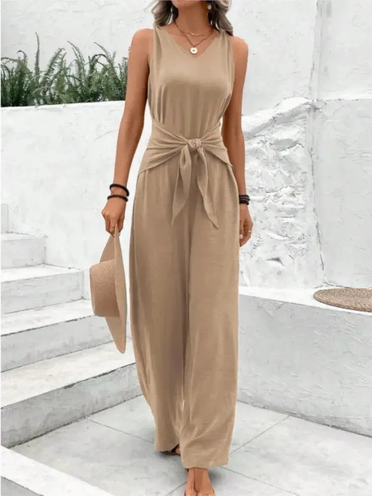Jumpsuit beige sleeveless with V-neck and waist-tie lace-up belt, wide-leg pants by Simples Market