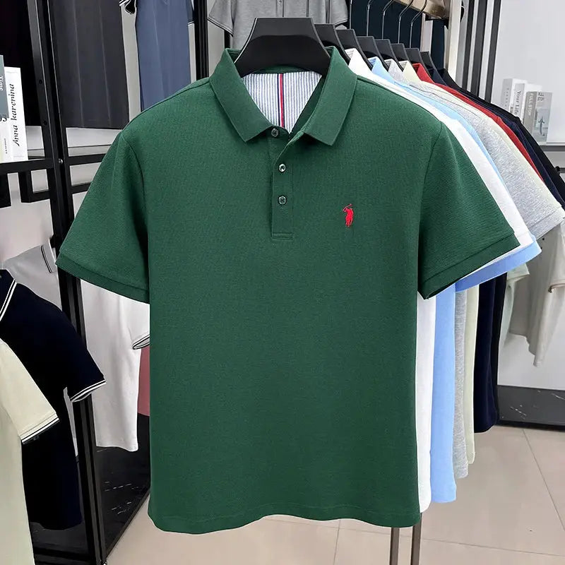 Men's green short-sleeve polo shirt, 100% cotton, with red pony embroidery.