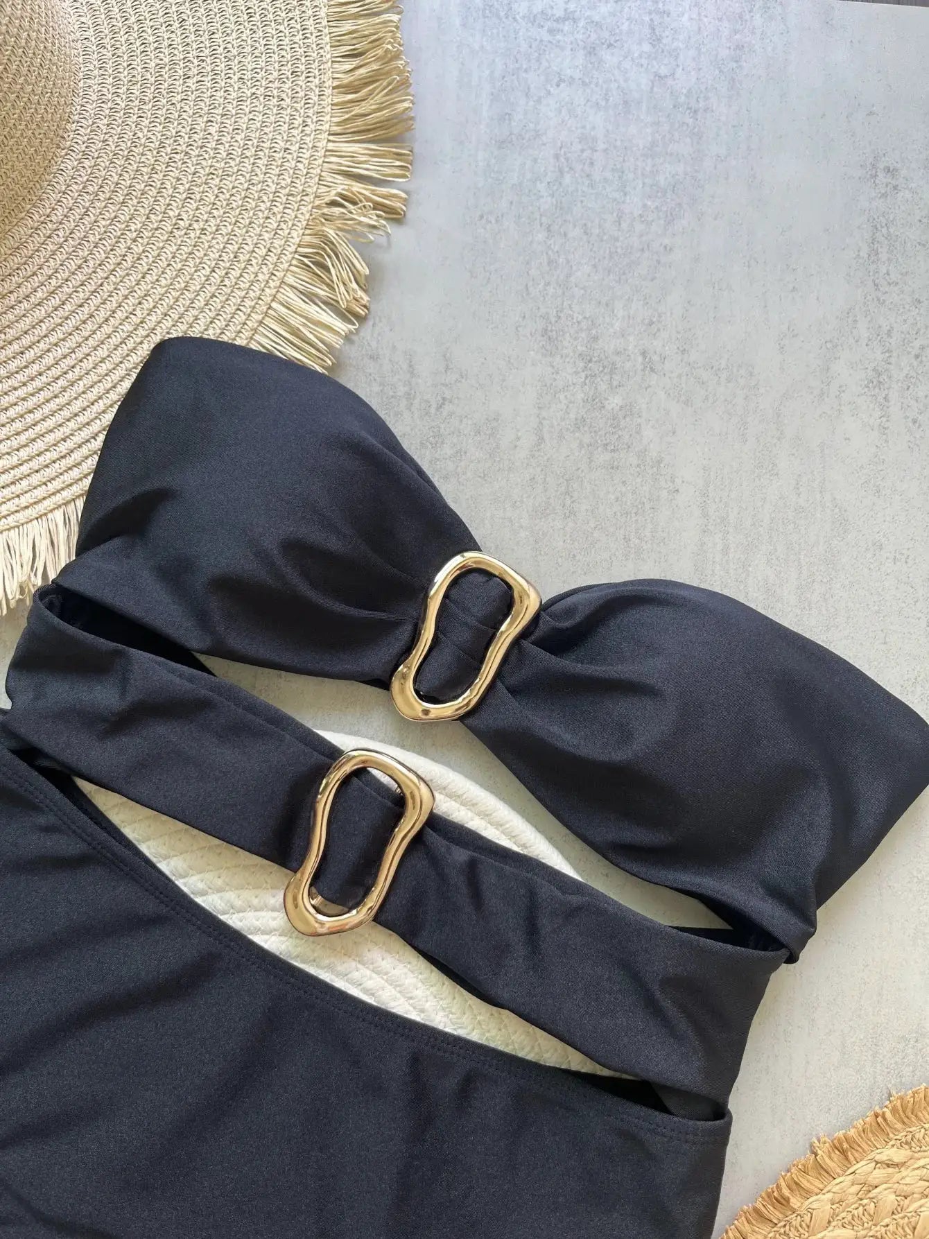 3 Colors Sexy Metal Rings Cut Out Women Neoprene Swimwear One Piece Bandeau High Leg Bathing Suit