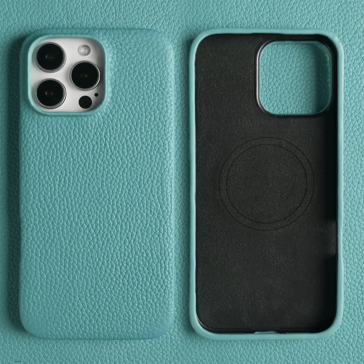 Teal genuine leather MagSafe iPhone case with full-wrap back cover and inner frame